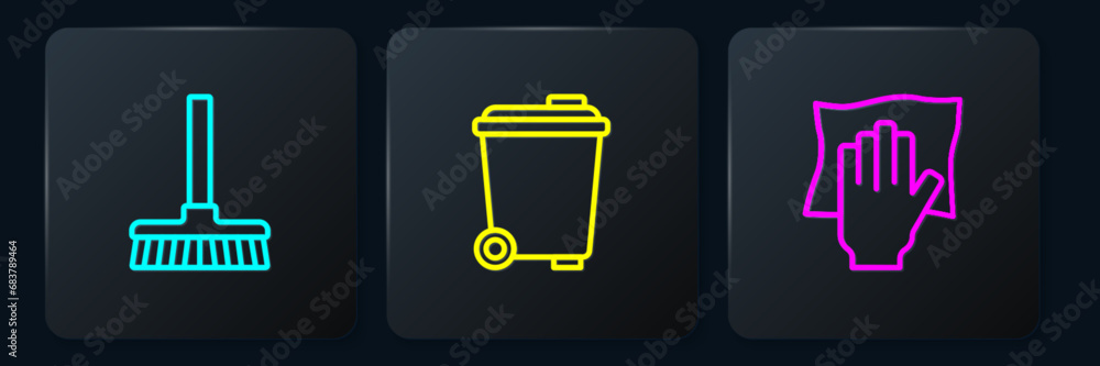 Poster set line handle broom, cleaning service and trash can. black square button. vector