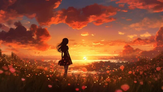 Silhouette of a girl in a field of flowers at sunset. seamless looping video background animation, anime illustration style. Generated with AI