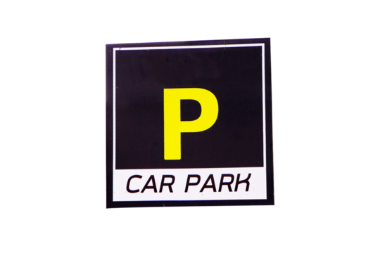 Symbol plastic black, yellow post about Parking sign car showing free places. traffic sign. Isolated on cut out PNG.