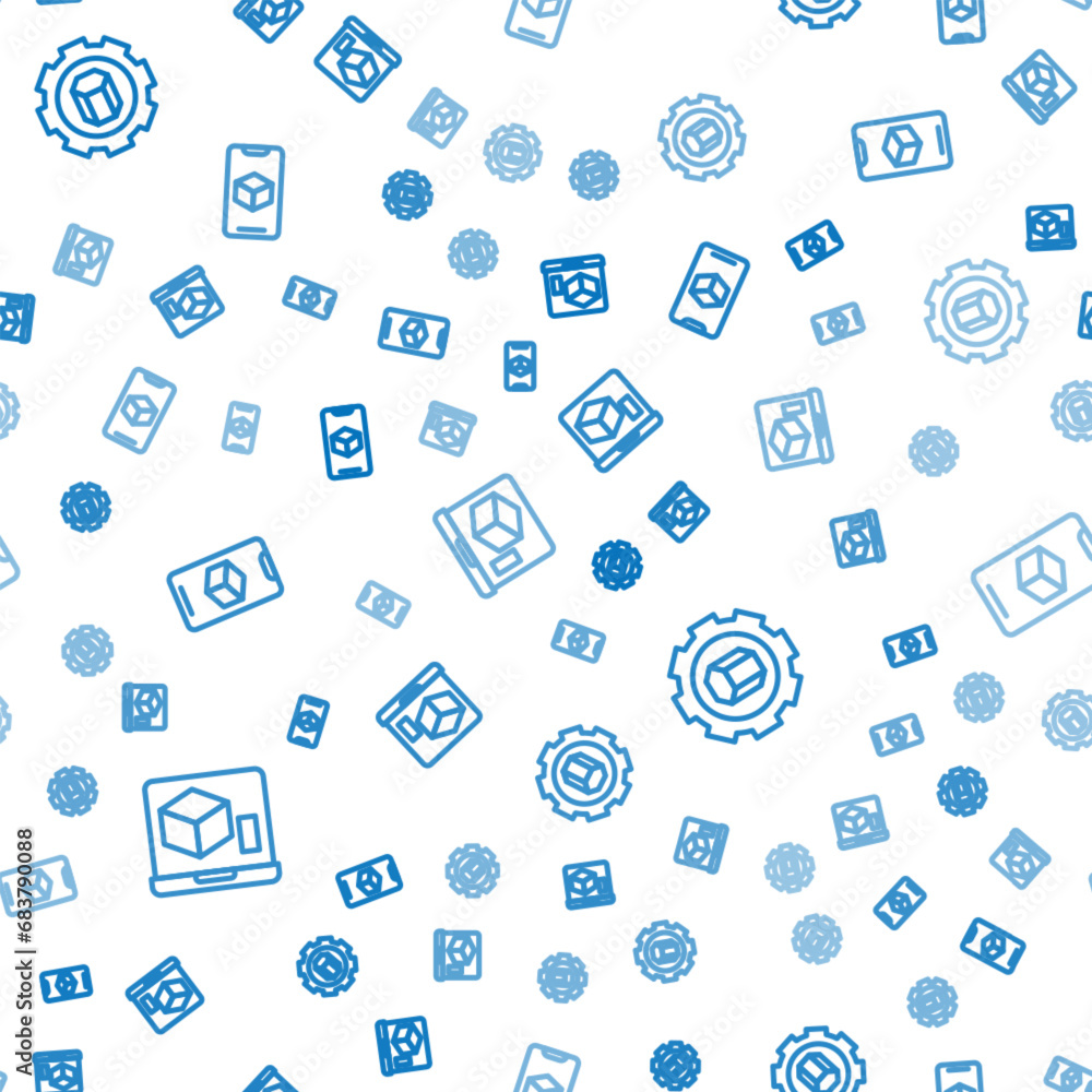 Poster set line 3d printer, setting and software on seamless pattern. vector