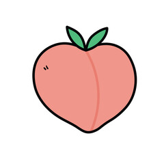 A hand-drawn cartoon doodle of a peach with a leaf on a white background.