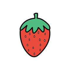 A hand-drawn cartoon doodle of a strawberry with a leaf on a white background.