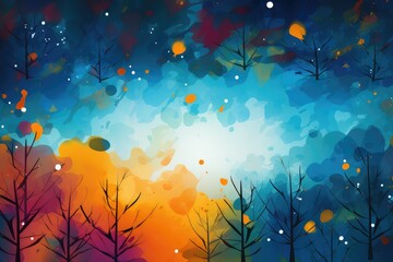 Abstract watercolor background with fire in forest and sky. Abstract background for Burns Night - obrazy, fototapety, plakaty