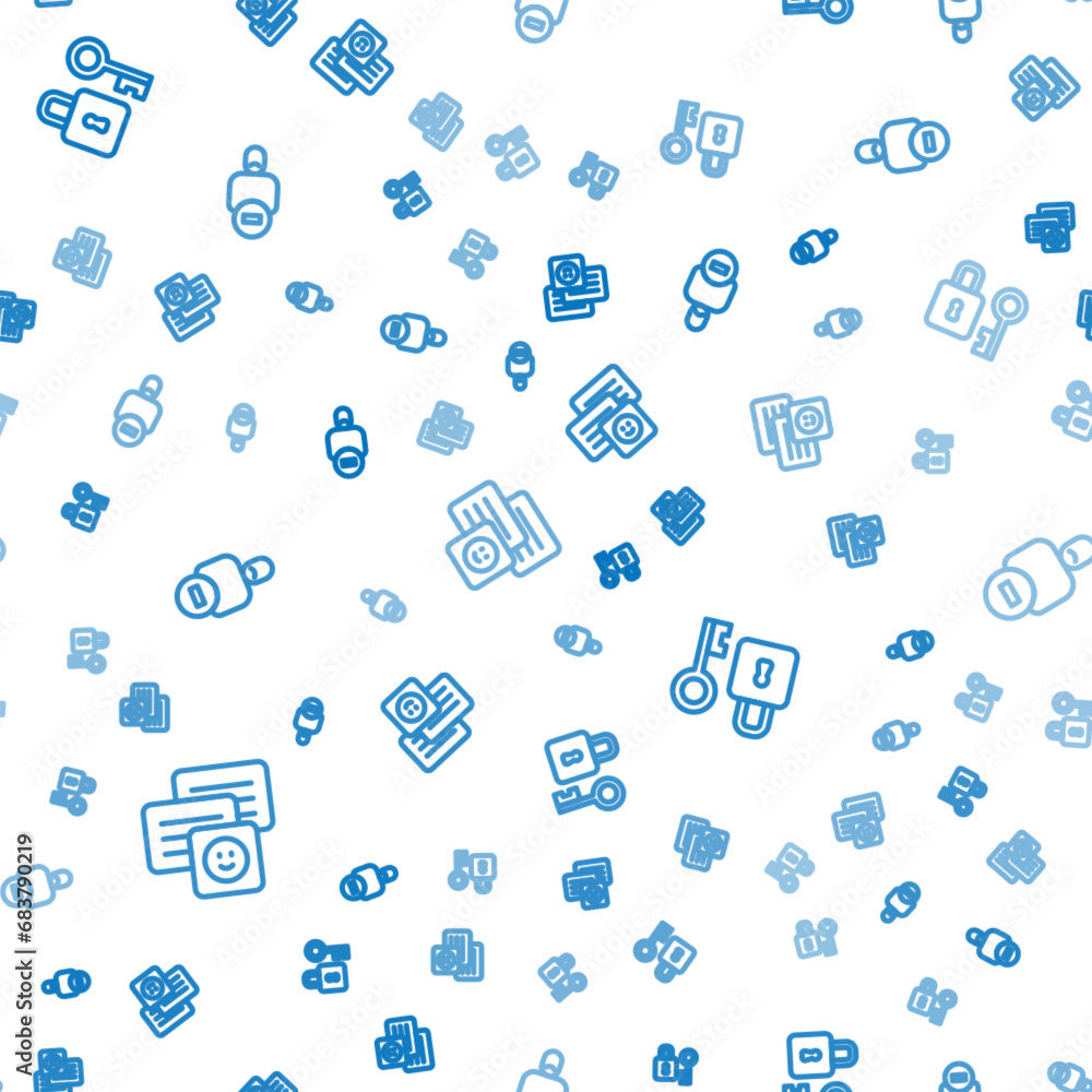 Poster set line chat messages on laptop, lock with key and loss of friend on seamless pattern. vector