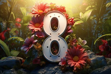number 8 eight, on the background of flowers 8 march, happy womens day greeting banner