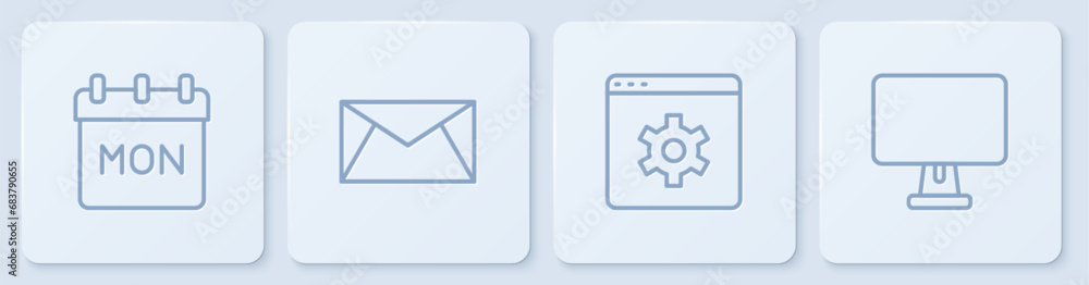 Poster set line calendar, browser setting, mail and e-mail and computer monitor. white square button. vecto