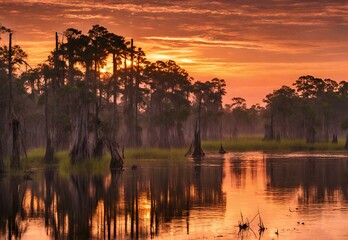 Mystic Marshlands: Louisiana's Atchafalaya Basin Sunset.