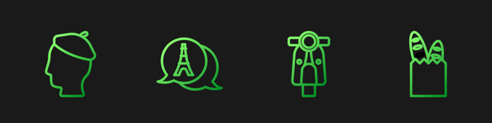 Set line Scooter, French man, Eiffel tower and baguette bread. Gradient color icons. Vector