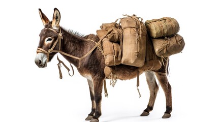 Pack mule isolated on a white background, hardworking and sturdy animal, traditionally used for carrying heavy loads over long distances - obrazy, fototapety, plakaty