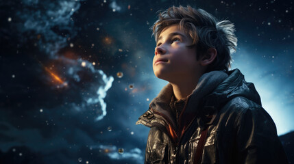 Wonder High-key lit image of a dreaming teenager staring up at the stars, wearing cosmic explorer jacket, encompassed by the vastness of space