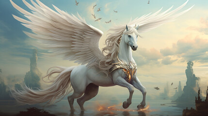 Surreal illustration of winged white unicorn