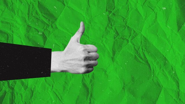 Magazine collage animation motion design hand show thumb up good quality sign empty space isolated on green background grunge paper texture