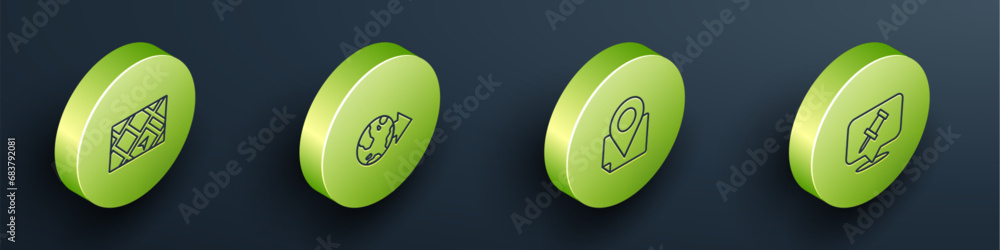Poster set isometric line gps device with map, location on the globe, folded location marker and push pin i