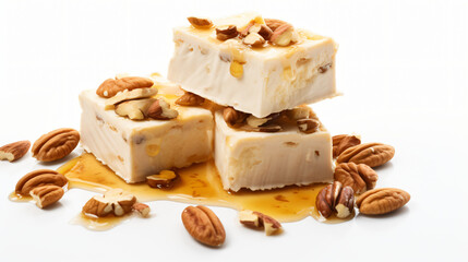 Fototapeta na wymiar Sweet nougat with nuts and honey on white background