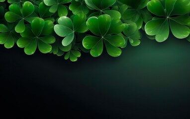 St Patricks Day Background. Minimalistic banner template, clover texture isolated on plain empty dark green background, almost black. Copy space. Party invitation, flyer, poster design. AI Generative.