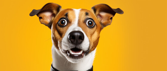  A Jack Russell Terrier Caught in the Act of Surprised Wonder, Against a Lively Orange Background, Expressing Canine Curiosity and Playfulness in a Captivating Portrait of Spontaneity and Charm - obrazy, fototapety, plakaty