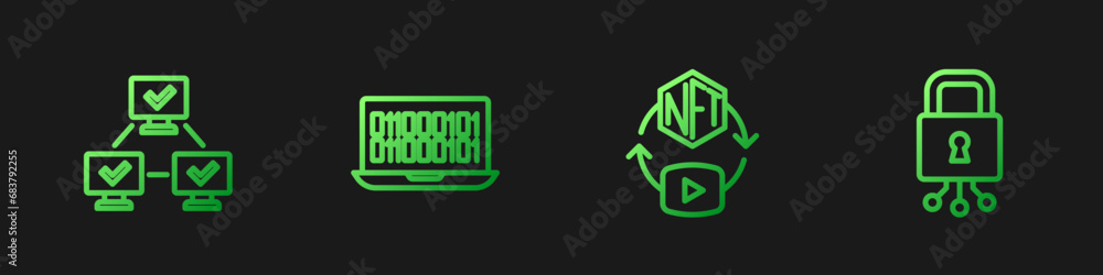 Aufkleber set line nft digital crypto art, blockchain technology, binary code and cyber security. gradient col