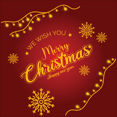 merry christmas and happy new year greeting card vector design and illustration with sparkling yellow bulbs