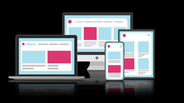 Responsive Web Design and UI Website Compatible in All Technology Devices. Computer, Laptop, Smartphone and Table. Animated Template in Black Background 