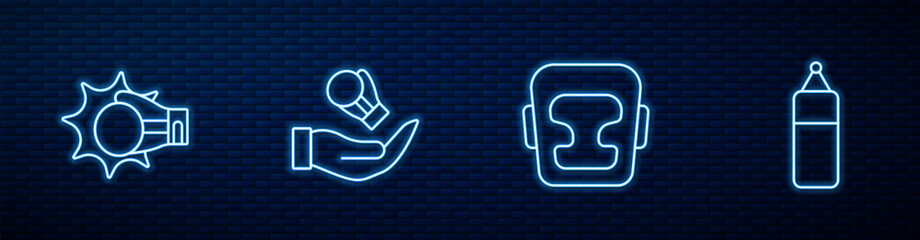Set line Boxing helmet, Punch boxing glove, and Punching bag. Glowing neon icon on brick wall. Vector