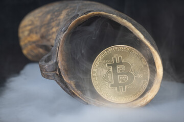 Golden bitcoin in a cornucopia with smoke effect.