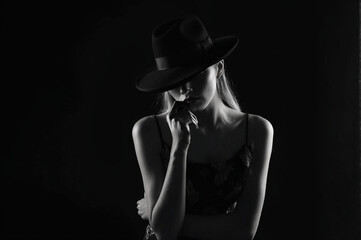 Monochrome studio shot of young beautiful woman wearing hat