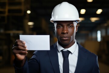  Black male Engineer man showing blank card with space for text