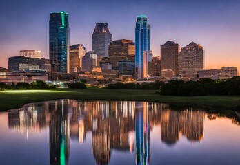 Skyline Serendipity: Texas' Dallas Skyline Reflections at Twilight.