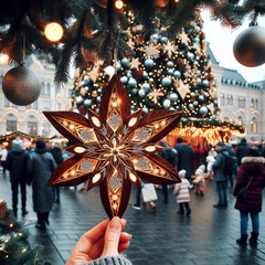 a woman's hand holds a New Year's toy against the background of a Christmas tree in the city square and walking people