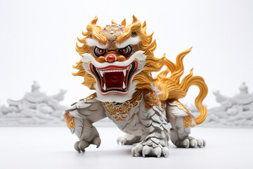 traditional Chinese New Year lion dance comes to life, symbolizing celebration and good fortune. The lively performance unfolds against a clean white backdrop. Generative AI.