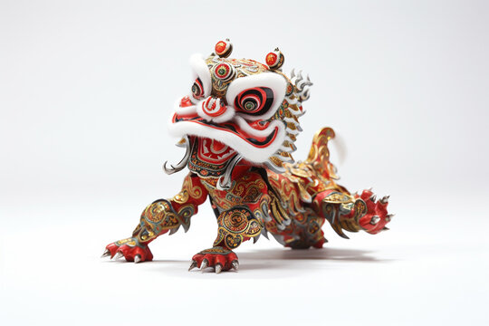 traditional Chinese New Year lion dance comes to life, symbolizing celebration and good fortune. The lively performance unfolds against a clean white backdrop. Generative AI.