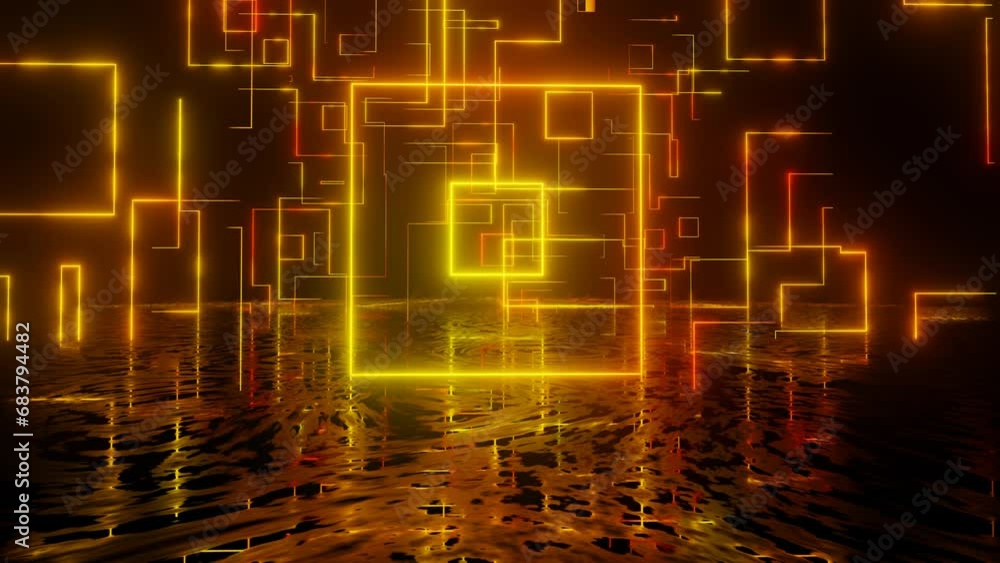 Aufkleber neon design orange pattern 4k video with various neon elements and a reflecting floor. looped 3d ren