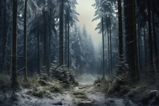Forest winter landscape hyper realistic photo
