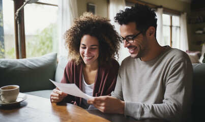 Happy Couple Man Woman Reading Good News Letter - Powered by Adobe