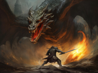 Dragon Fighting Warrior Fantasy Illustration Art - obrazy, fototapety, plakaty