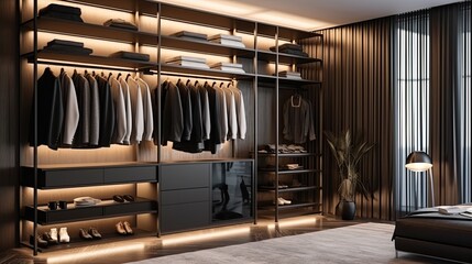 Fototapeta na wymiar Elegant minimalist male walk in wardrobe with clothes hanging on rods, shelves and drawers. Dressing room with space for storing and organizing accessories.