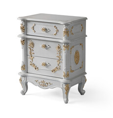 white wood bedside table . Modern designer nightstand isolated on white background corner view. cabinet with three drawers
