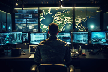 A Military Surveillance Officer is working in a central office hub to manage national security and army communications through a tracking operation focused on cyber control and monitoring
