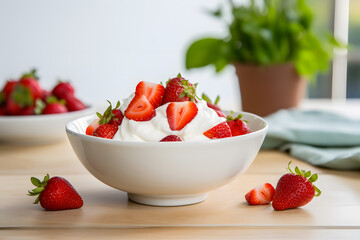 Bowl of yogurt with strawberry fruits on table