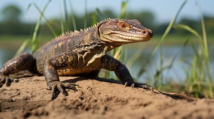 Obraz premium Varan de Komodo, iguane, reptile. Paysage en arrière-plan flou. Nature, animal, paysage, sauvage. Pour conception et création graphique