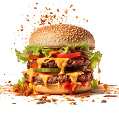 Large delicious juicy smoky burger separated on ingredients floating in air - obrazy, fototapety, plakaty