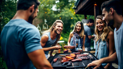 A group of friends enjoying a fun barbecue party together. Summer Bbq party with happy friends and delicious grilled food. - Powered by Adobe
