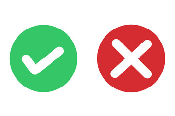 yes and no buttons, do and don't button, tick and cross buttons, checkmark and crossmark button isolated on white in round circle green and red color vector illustration - obrazy, fototapety, plakaty