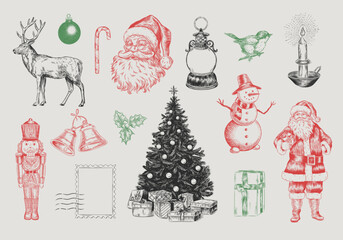 Vintage Christmas Collection. Engraving style illustration with Santa Claus, decor, gifts, snowman etc.