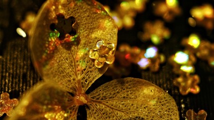 Close up of a flower with glitter on it under colorful lights