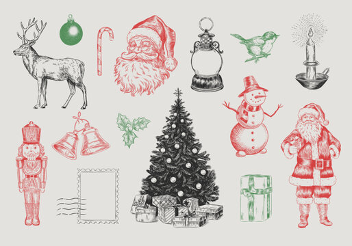 Vintage Christmas Collection. Engraving style illustration with Santa Claus, decor, gifts, snowman etc.