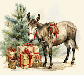 Cute donkey with christmas gift watercolor