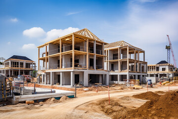 Perspective view of residential buildings under construction progress in the work site. Generative AI.