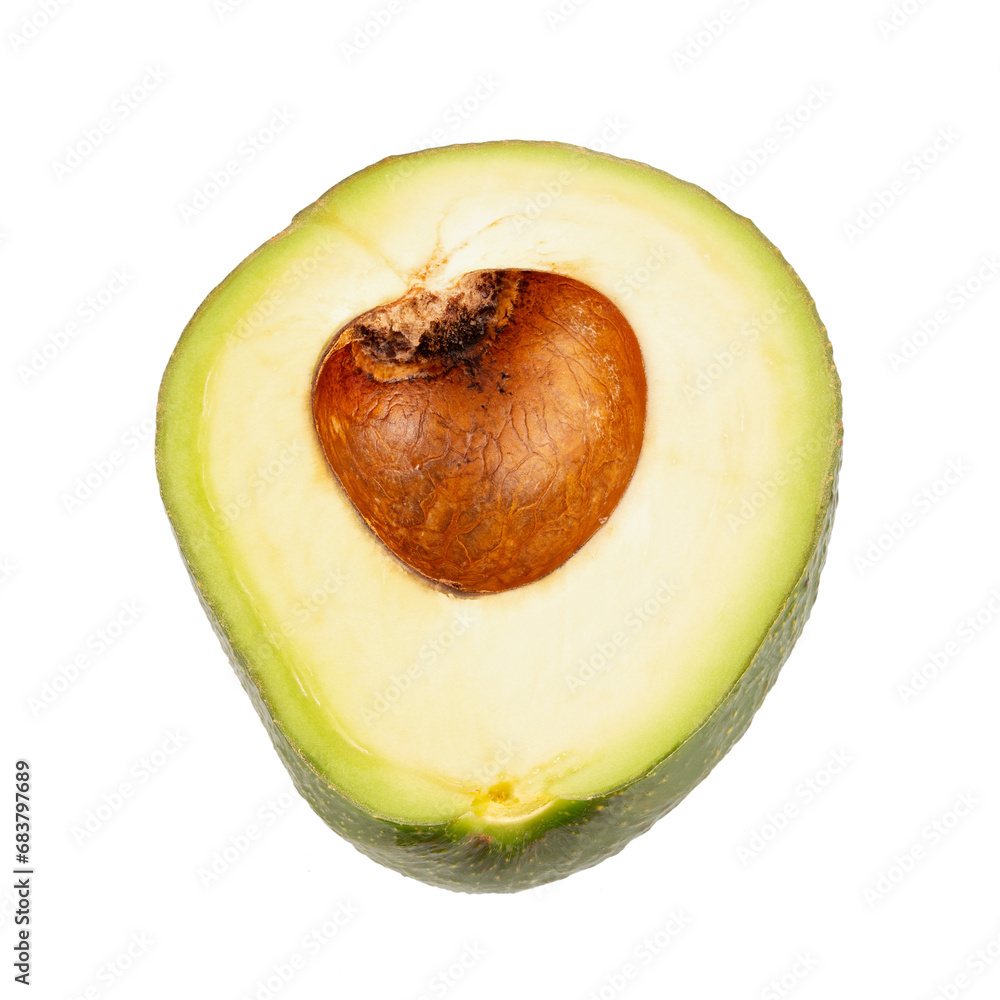 Poster Ripe avocado half  isolated on white background. File contains clipping path.