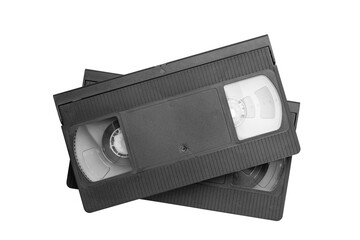 Two videotapes VHS isolated on white background. Vintage media.